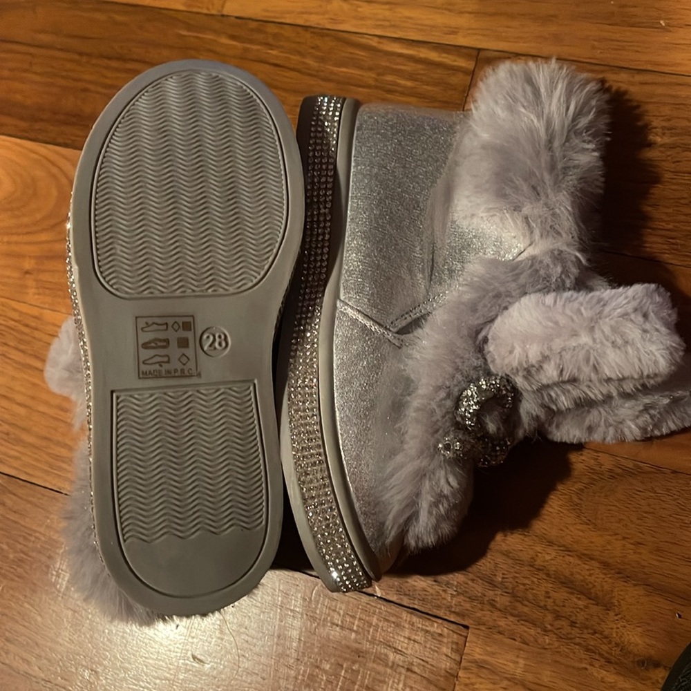 New Furry with Silver Sequin Bling Toddler Slip-On Boots - Picture 7 of 10